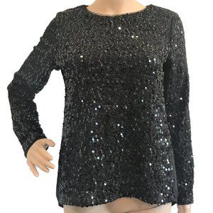 OASIS Black Sequin & Crepe Back Blouse Top S